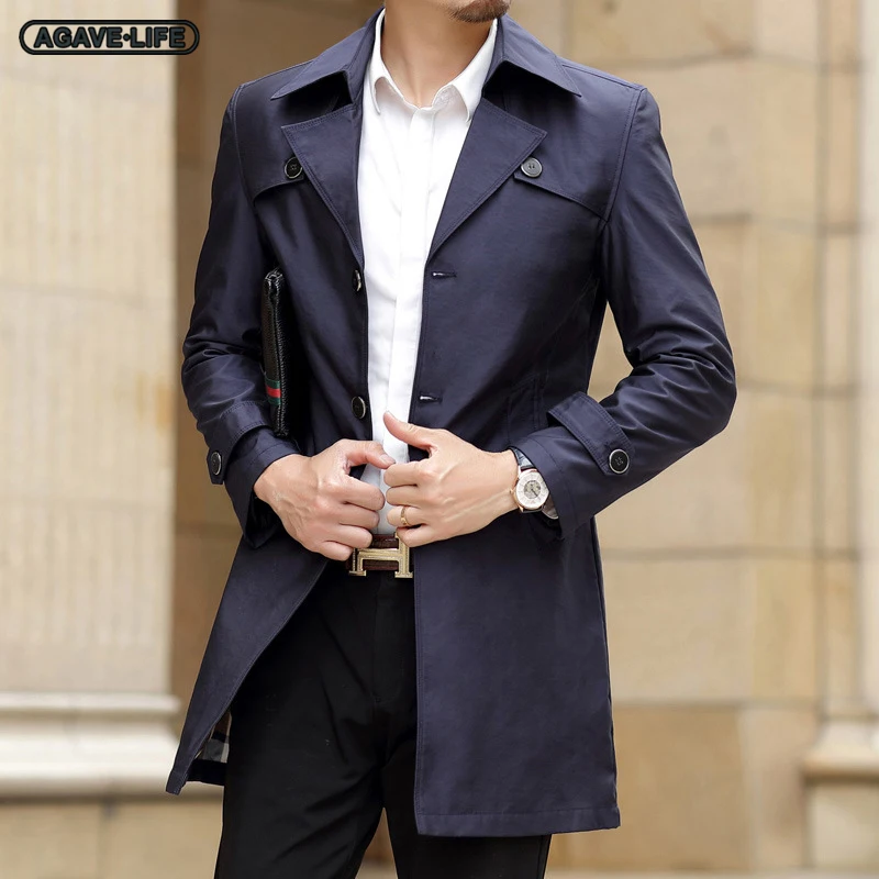 

Spring Autumn Windbreaker Youth Men's Business Casual Mid Long Windbreaker High Quality Men Solid Color Single Breasted Trenches