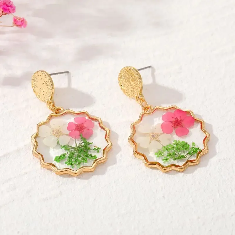 Cute Colorful Flower Round Earring Unique Epoxy Resin Pressed Flower Earring Women Sweet Natural Flowers Statement Jewelry 2024