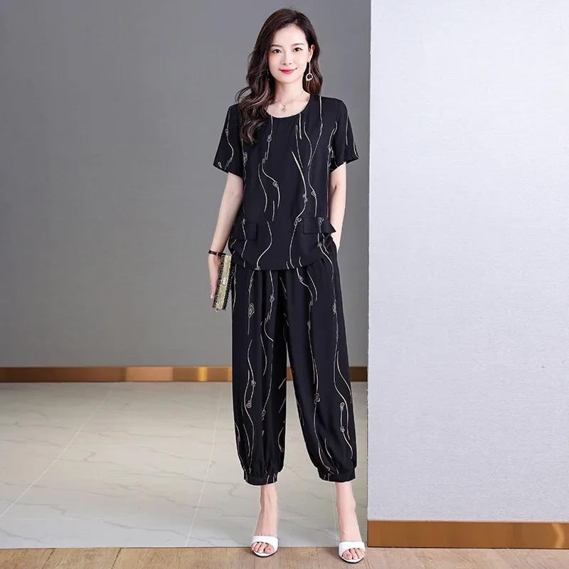 

Women Pant Sets Summer 2023 New Elegant 2 Piece Sets Womens Outfits Casual High Waist Pants and Short Sleeve Blouse