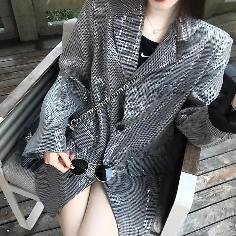 BlingBling Korean Fashion Suit Jacket Women's Loose Shiny Ins Temperament Casual Blazer New Female |