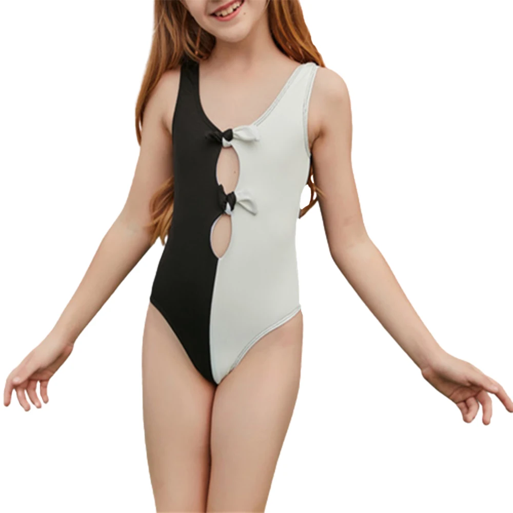 

FS Cute Girl Black Stitching Color Monokini Hollow Out Swimwear Patchwork Bathing Suit Children Swimsuit Swimdress One Piece New