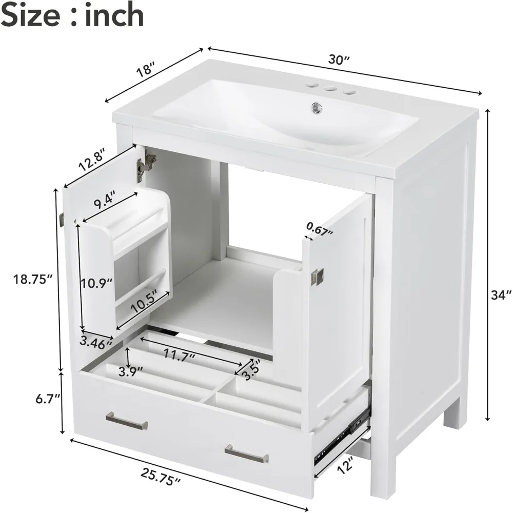 30 in Bathroom Vanity with Sink,1 Large Drawers and 2 Storage Doors,Wood Single Sink Bathroom Vanity,Modern White Bathroom 2