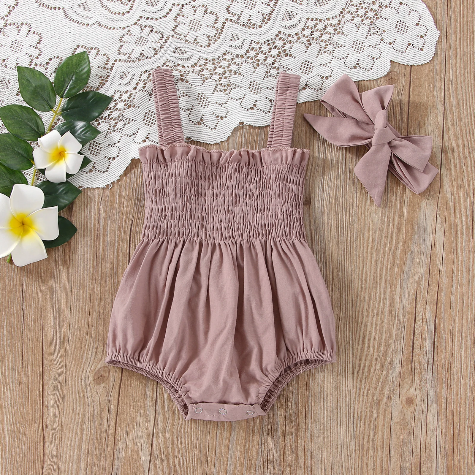 Citgeett Summer Infant Baby Girls Jumpsuit Outfit Solid Color Casual Sleeveless Suspender Jumpsuit Headband Clothes 2