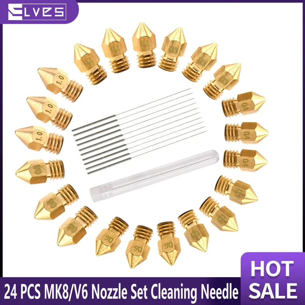 

Elves 3D Printer Parts 24 PCS MK8/V6 Nozzle Set Cleaning Needle M6 Brass Extruder 0.2 ~~1.2mm Hotend 1.75mm Nozzle Kit