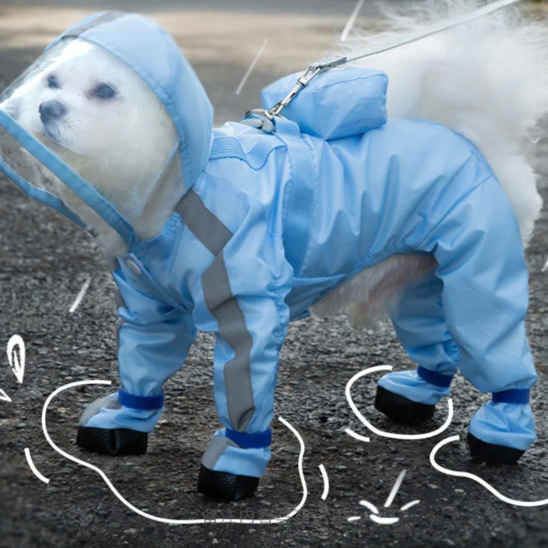 Pet Four Legged Raincoat with Rainshoes and Traction Buckle Reflective Waterproof Hooded Poncho Dog Outdoor Apparel Clothing dog raincoat