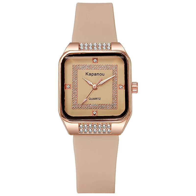 Women's fashionable square shell watch with diamond inlaid silicone quartz watch