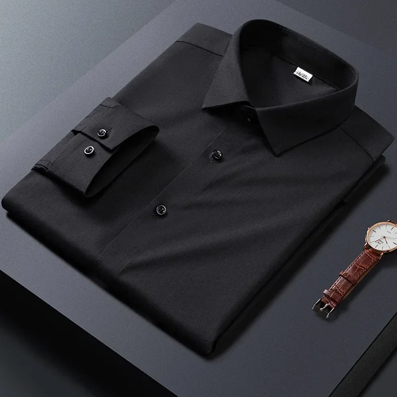 Red festive groom wedding solid color seamless micro-elastic bamboo fiber  business and leisure wear men shirts in four seasons.