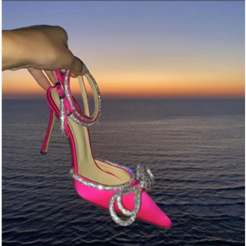 TSTCTB 2023 Woman Sparkly Bow Heels Fashion Bling Transparent Pointed Toes Sandals Elegant Slingback Crystal Female Party Pumps