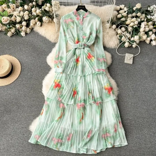 2024 Spring New French Gentle Style Printed Chiffon Dress Women's Hundred Pleated Ruffle Edge Holiday Cake Muslim Dress Women