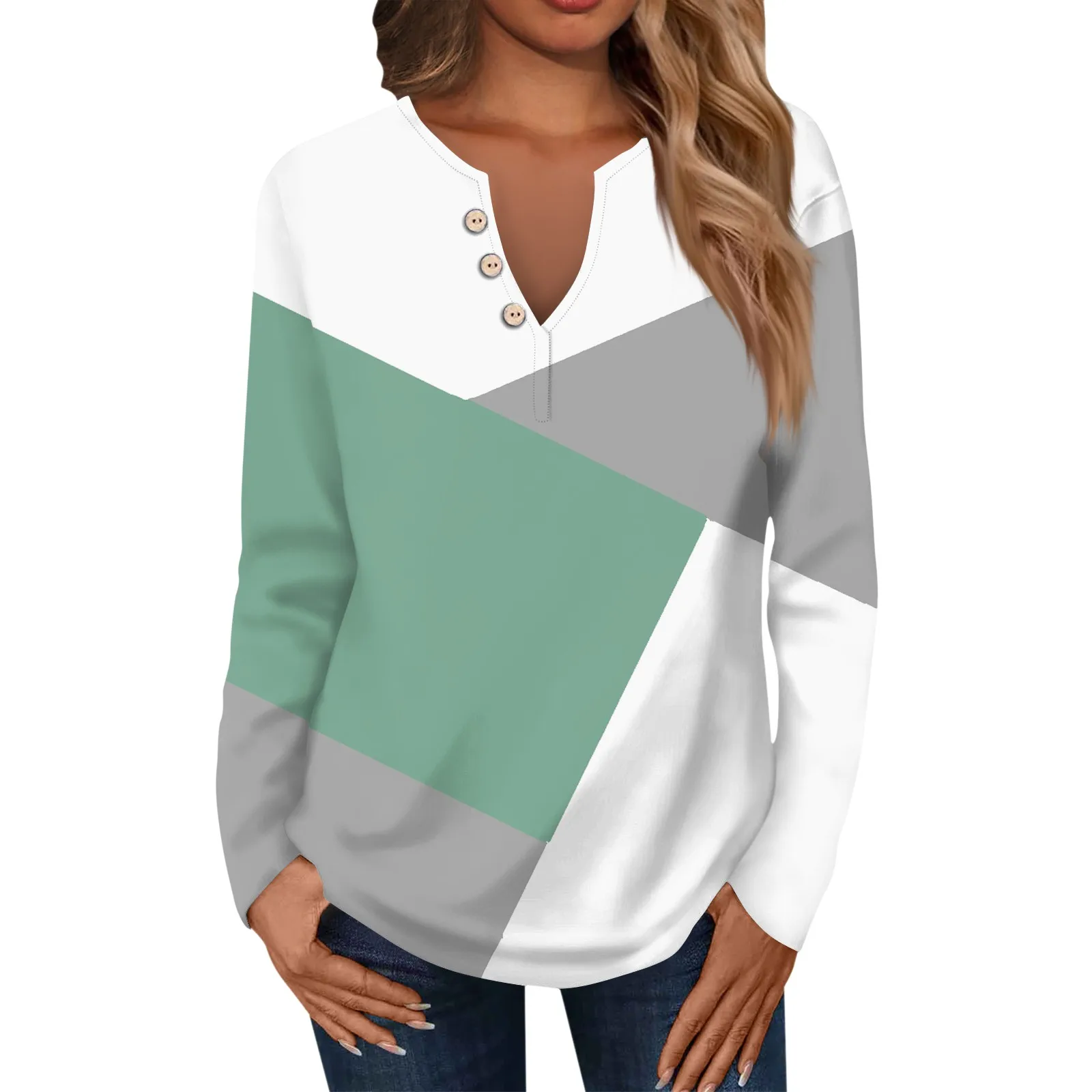 

Женская футболка с длинным рукавом, V-образным вырезом и декоративными пуговицами