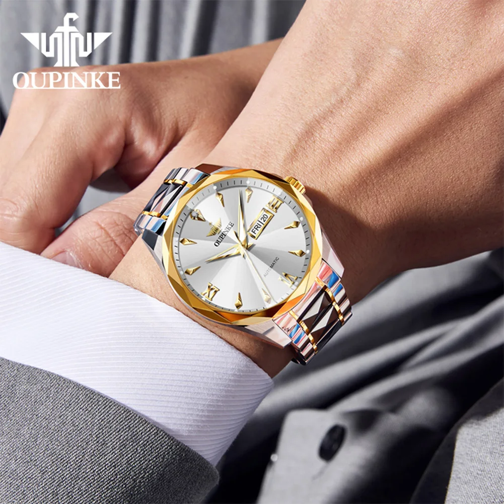 OUPINKE 3315 Automatic Watch Man Rhombus Mirror Fashion Mechanical Watch For Men Deep Waterproof Dual Calendar Dress Wristwatch