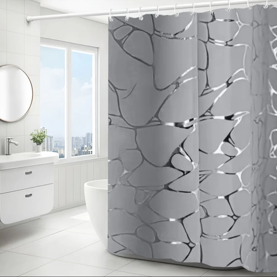 ม่านอาบน้ำลายนามธรรมสมัยใหม่กันน้ำตกแต่งห้องน้ำสีเทาสีดำออกแบบอุปกรณ์อาบน้ำหรูหรา 1