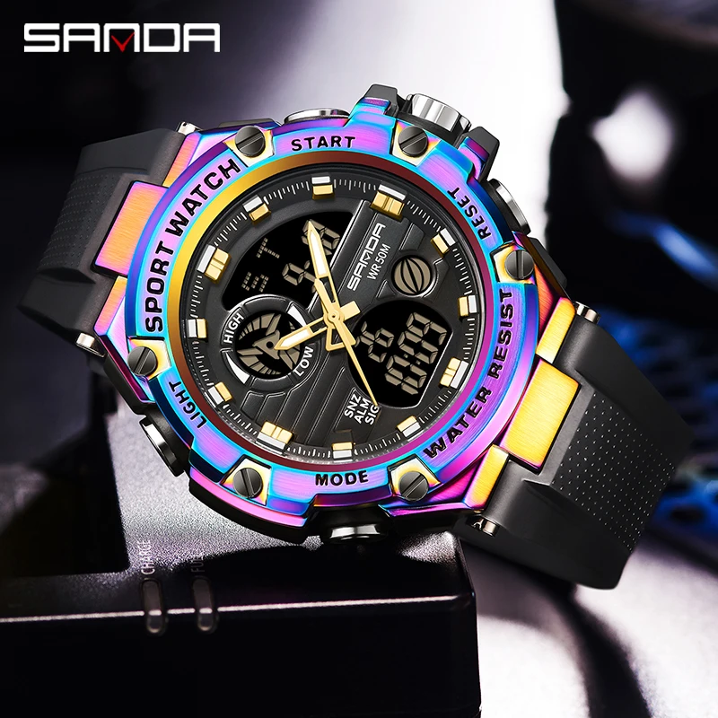SANDA 3196 New G style Mens Dual Display Electronic Quartz Watches Outdoor Sports 50M Waterproof LED Digital Date Watch 2023