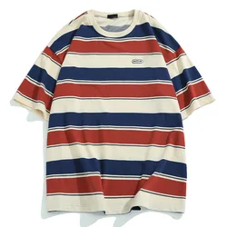 Vintage-Inspired Loose Fit Striped Short Sleeve T-Shirt - Unisex Summer Streetwear Top - XL (Red stripe)