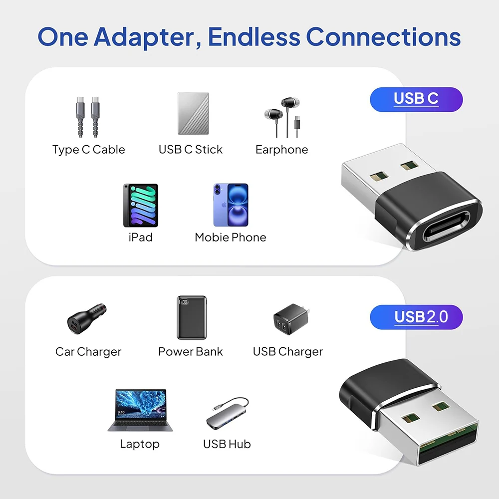 5팩 USB 2.0 to Type C 어댑터 USB C 암-USB A 수 충전 컨버터 OTG 어댑터 (아이폰, 아이패드, 삼성 호환)