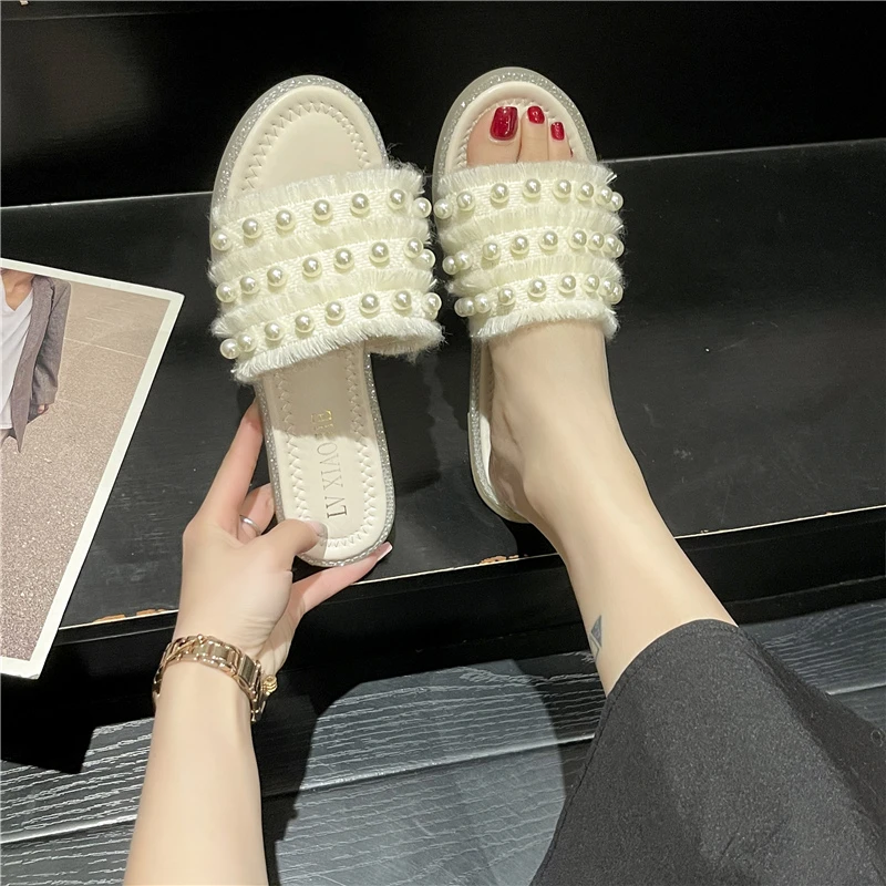 

String Bead Slippers Women Summer Slides Shoes Fashion Med Pantofle Luxury Soft 2023 Flat Rubber PU Basic Female Shoes Ladies' S