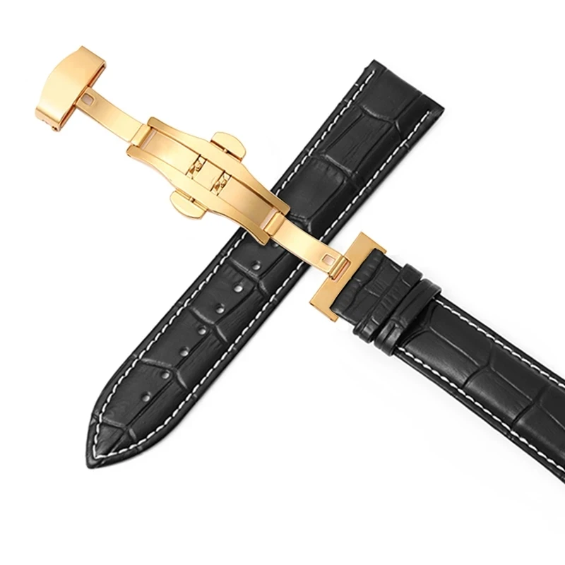 Cowhide Leather Watch Strap with Stainless Steel Butterfly Buckle – Gold/Rose Gold Finish