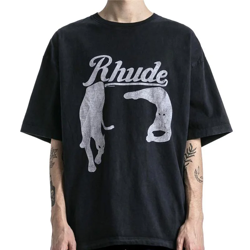 

RHUDE T-shirt Trendy Retro Night Cat Print High Street Loose High Quality Cotton Short Sleeve