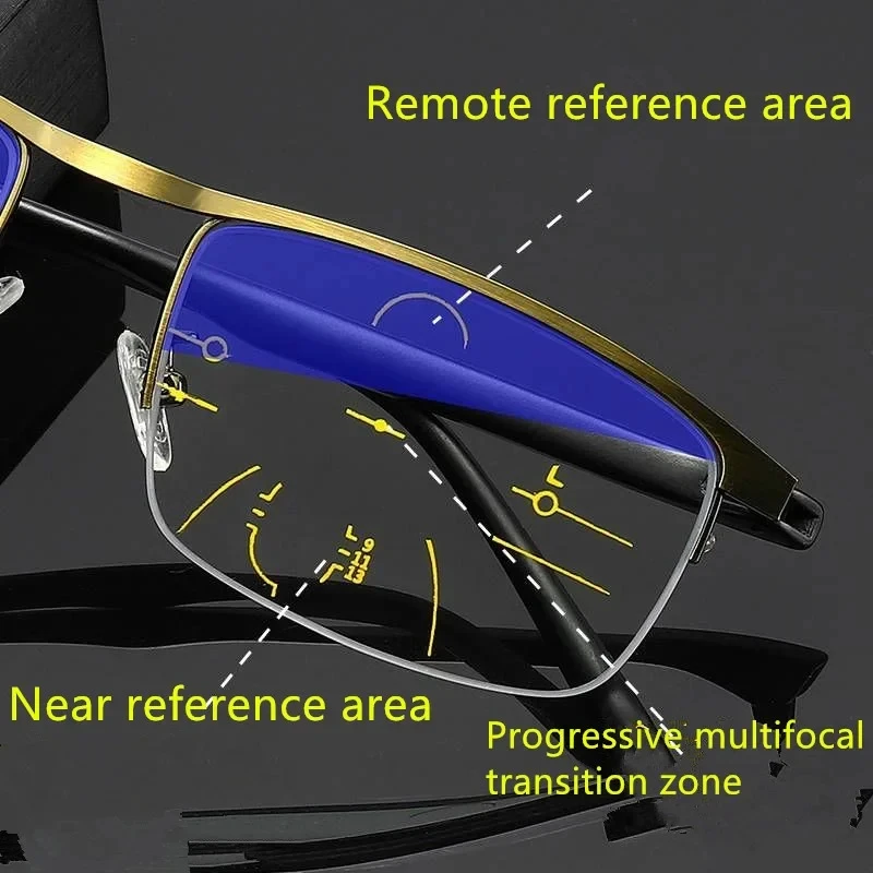 Progressive Multifocal Reading Glasses for Women and Men Anti-Blue Light Half Frame Bifocal Presbyopia Eyeglasses +100 To +400