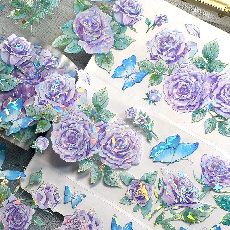 Flowers Scrapbooking Stickers Aesthetic DIY Card Making Planner Journaling Collage Materials 2M/Roll Laser Washi PET Tape