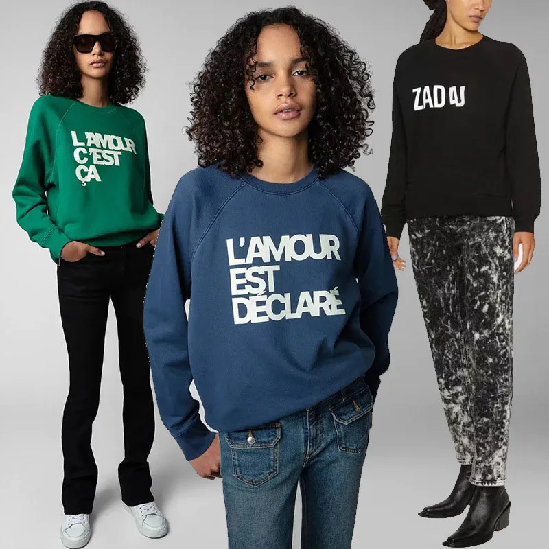 

Zadig Casual Sweatshirt Women Loose Cotton Fashion Letter Prin Hoodie Female O-Neck Long Sleeve Pullover Tops Classic Streetwear