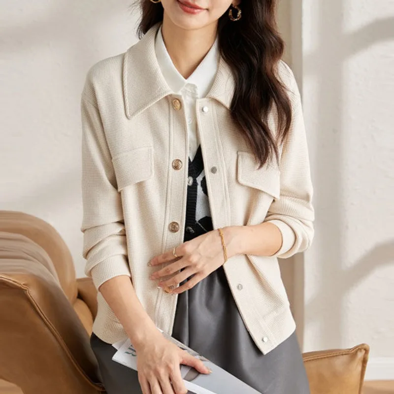 2024 New Women Waffle Small Fragrant Wind Outwear Spring Female Temperament Lapel Short Jacket Loose Solid Color Casual Outcoat