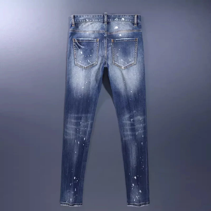 Street Fashion Men Jeans High Quality Retro Blue Stretch Skinny Fit Ripped Jeans Men Painted Designer Vintage Brand Pants Hombre