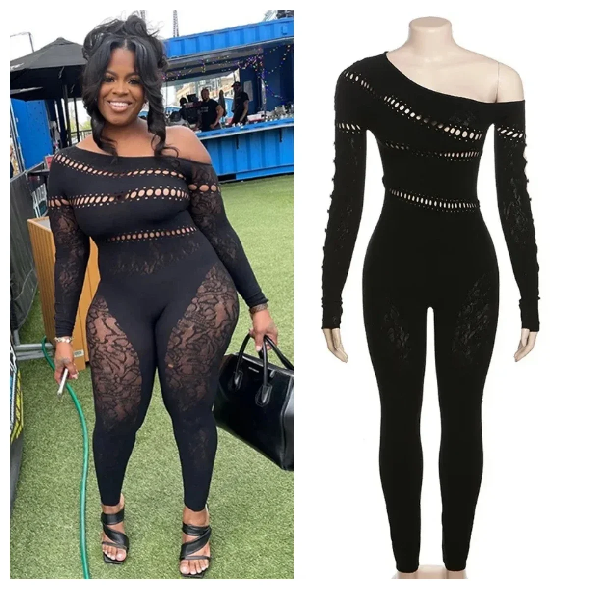 Thick Jacquard Knitted Jumpsuit Women Sexy Hollow Out Off Shoulder Long Sleeve High Stretch Slim Casual Rompers Clubwear Overall women s sexy hollow lace jumpsuit summer long sleeve skinny nightclub overall fashion woman clothing womens fashion short