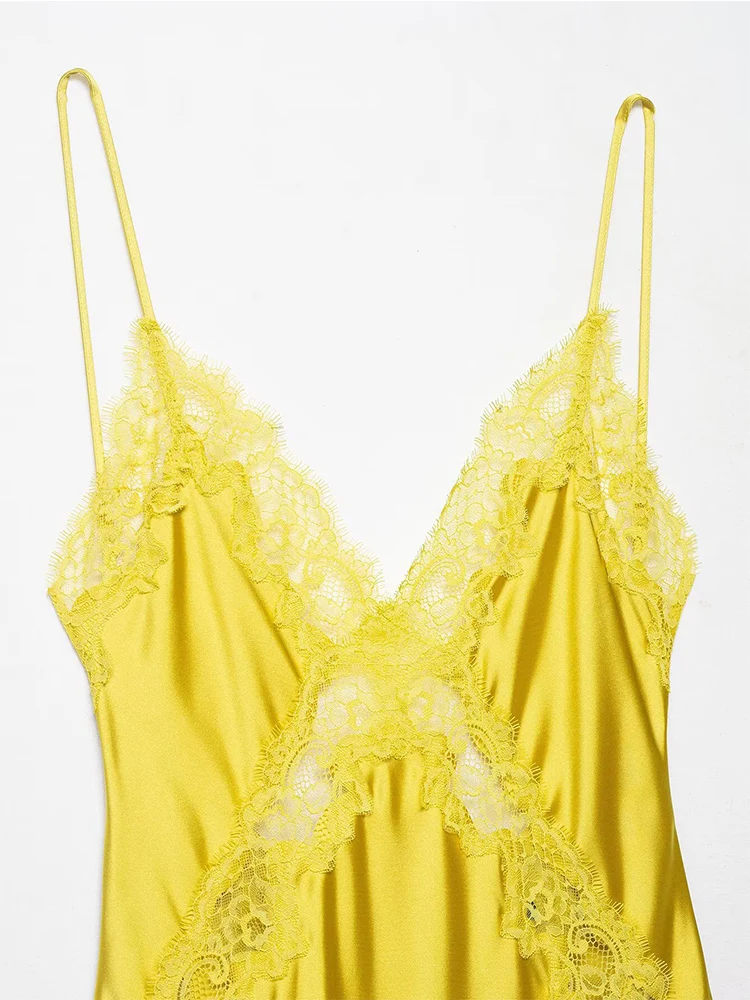 Womens Dresses Lace Satin Slip Dress Summer 2025 Sexy Evening Party Dresses Ladies Midi Yellow Sleeveless Backless Vestidos