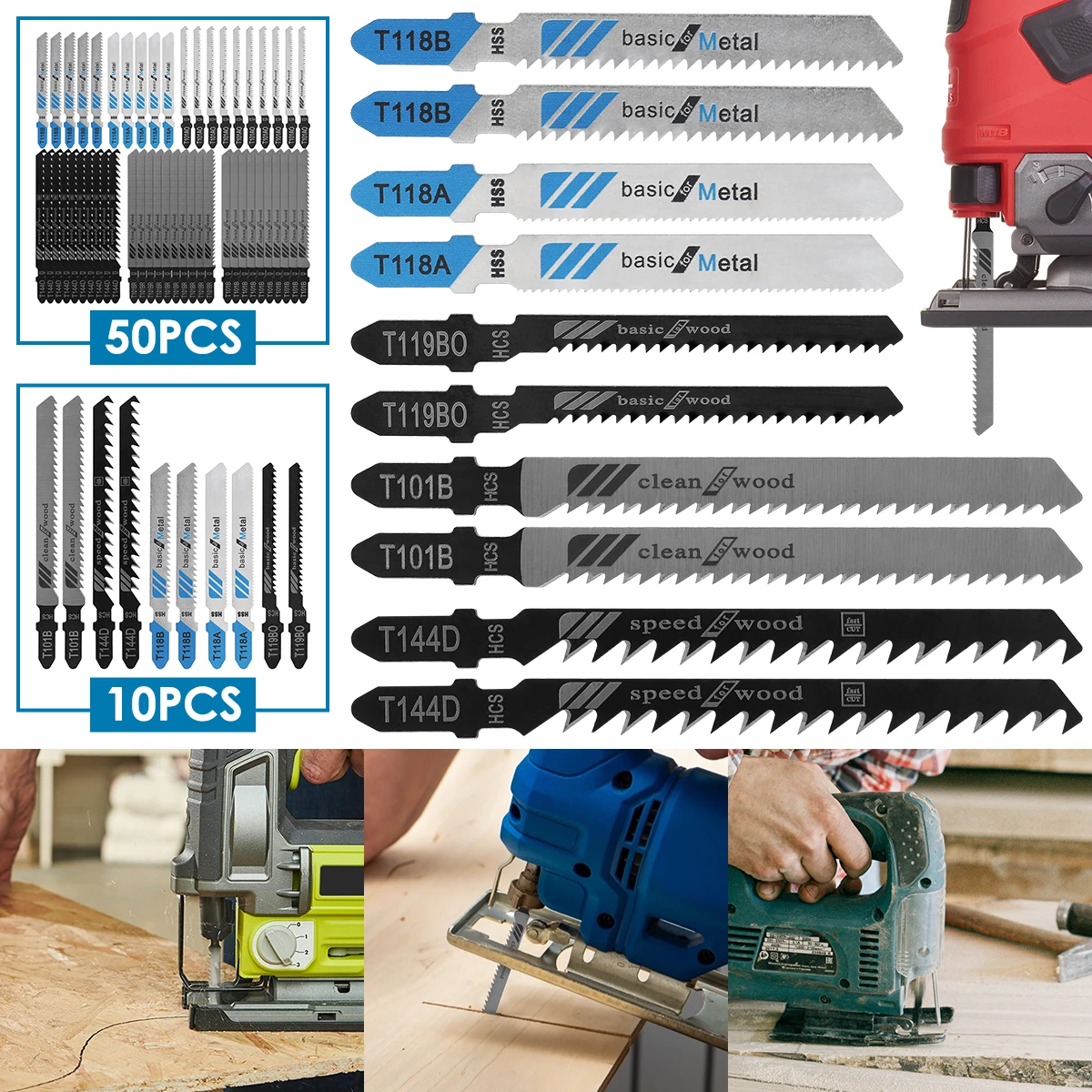 Jig Saw Blade Set Carbon Steel Assorted Saw Blades with T-shank Fast Cut Down Jigsaw Blade Thin Metal Cutting Tool 10/50pcs jig saw blades