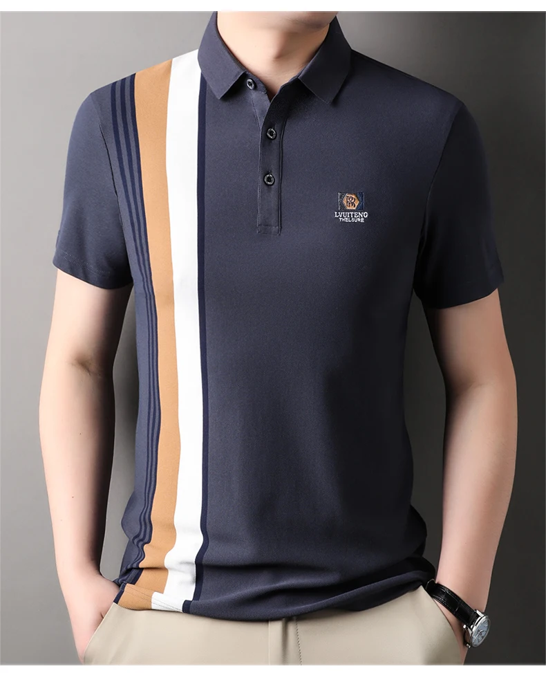 Light Luxury Polo Shirt Letter Embroidery Men's Short Sleeve High end Brand Summer new Fashion Stripe Silk Cotton Casual T-shirt 20 Sd7fc8c39f0ed41ae9938bc4660801351W