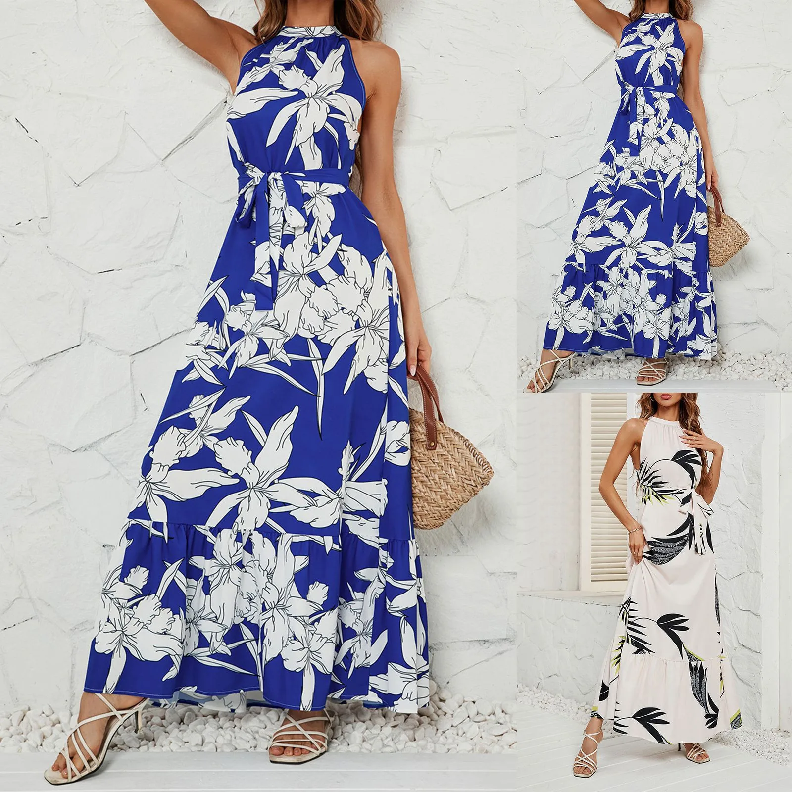 

Sleeveless Retro Floral Print Dress for Women Halter Lace Up Elegant Long Dress Ruffles Beach Vacation Style Female Dress