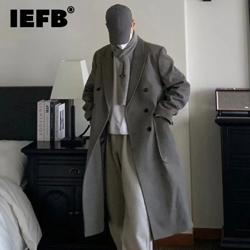

Мужская шерстяная Верхняя одежда IEFB, Корейская Стильная однотонная ветровка до колен с отложным воротником и плечевым подкладом, новинка 9C4895