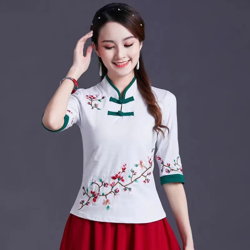 

Cotton Linen Chinese Style Qipao Shirt For Women Blue White Hanfu Embroidery Retro Summer Loose Han Fu Traditional Blouse Top