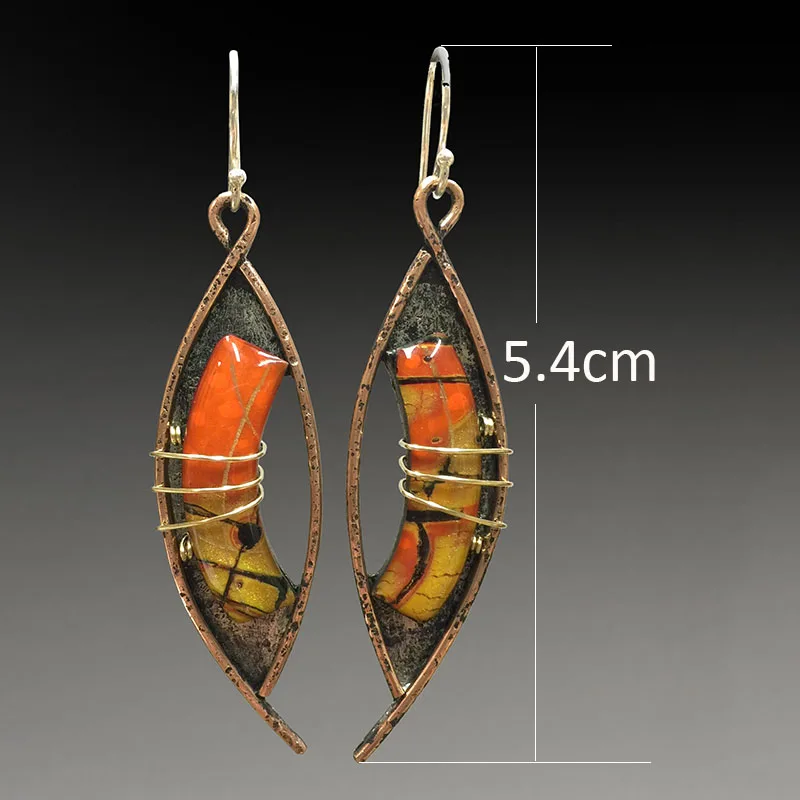 Yellow Orange Stone Vintage Red Bronze Hollow Metal Bending Golden Lines Dangle Earrings For Women