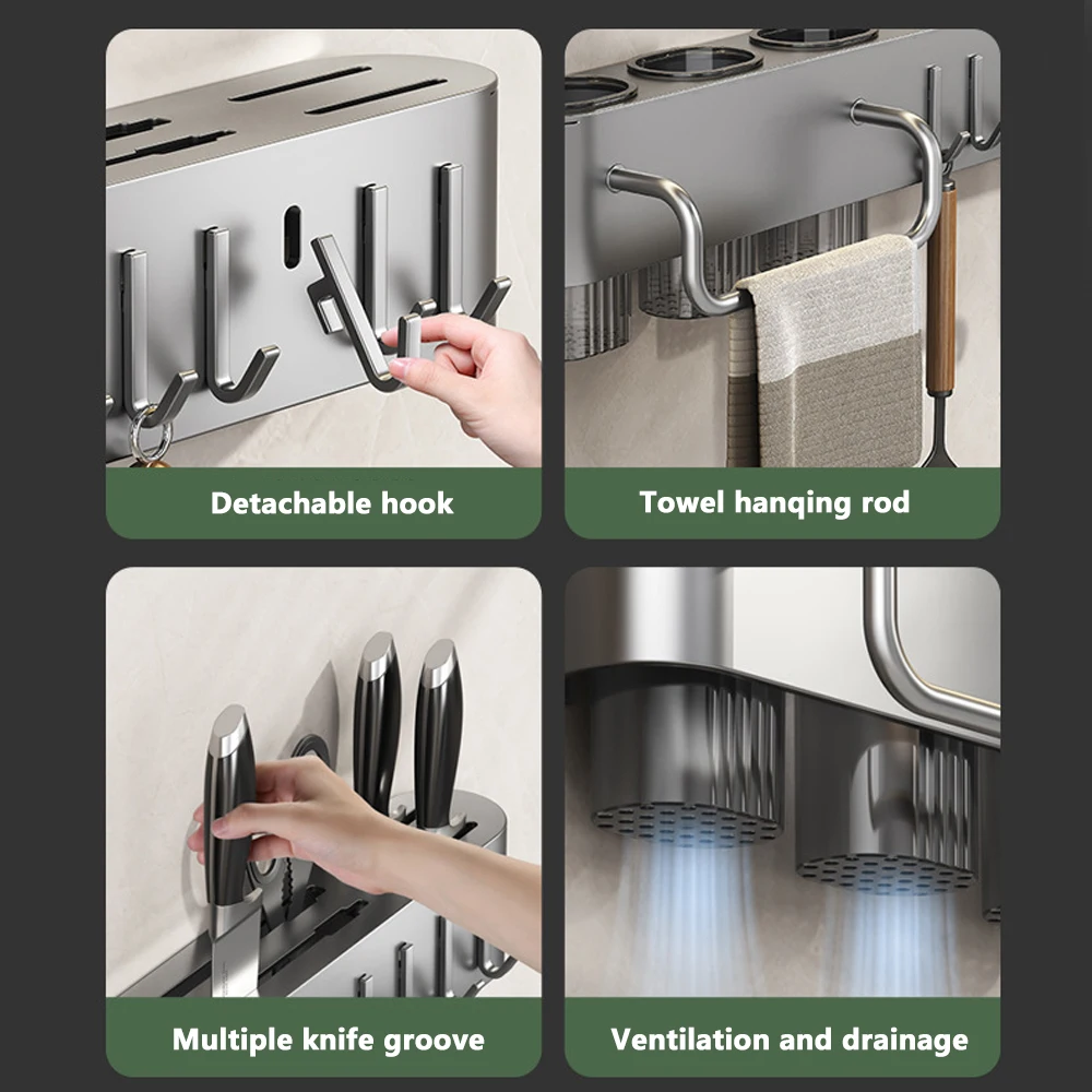 Wall-Mounted Multifunctional Storage Knife Rack Kitchen Storage Rack Detachable With Multiple Bracket And Hook Chopsticks Holder 6