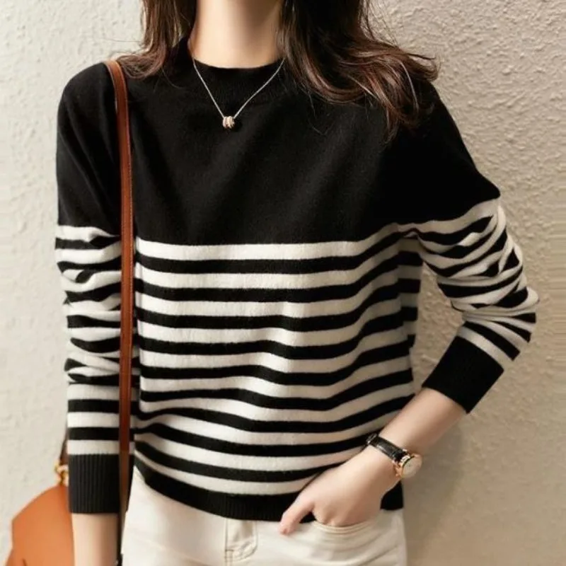 

Autumn Winter Women's Pullover Round Neck Stripe Solid Flocking Long Sleeve Sweater Knitted Bottom Loose Fashion Casual Tops