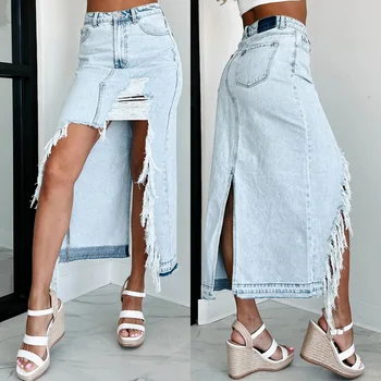 Distressed Ripped Denim Skirts Holes Skirt Solid Zipper Fly High Waist Vestidos Washed Slim Pockets Sexy Wrap Buttocks