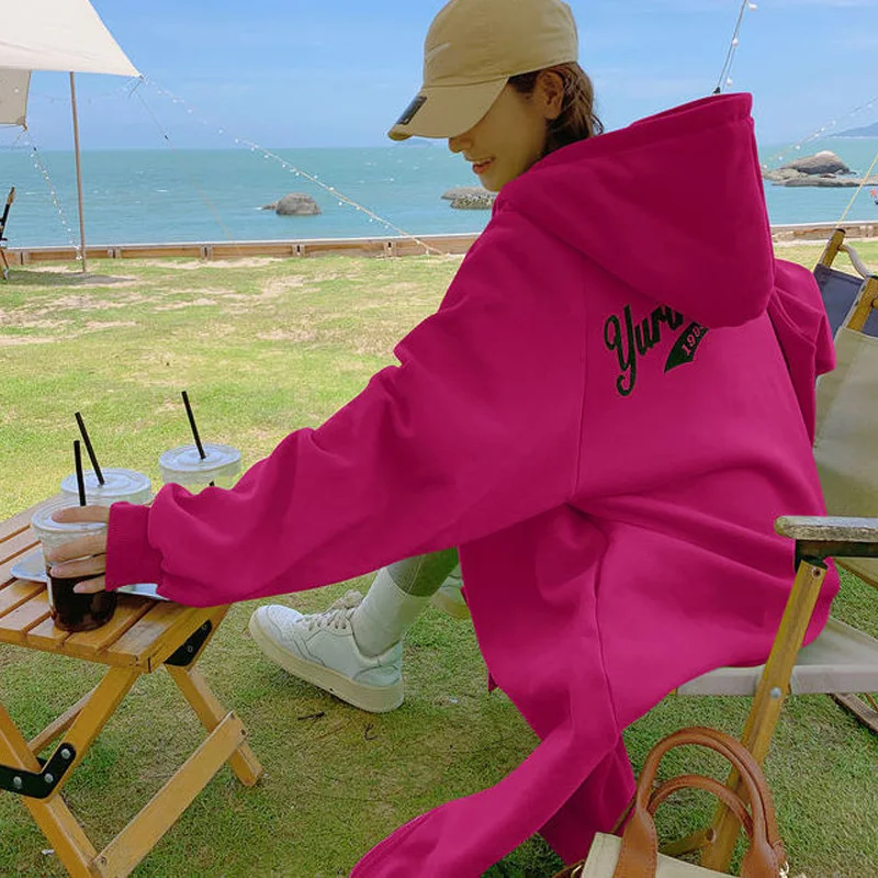 Autumn Winter New Solid Color Fashion Long Sleeve Hoodies Women Casual Loose Zipper Pocket Plus Velvet Warm All-match Longcoat