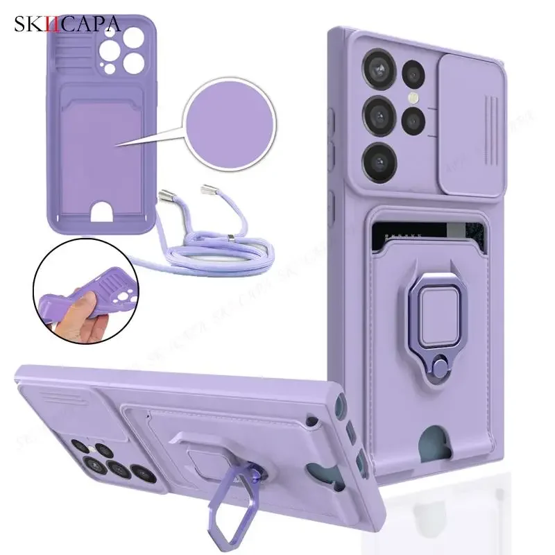 Crossbody Necklace Lanyard Slide Phone Case with Card Slot & Magnetic Ring Cover
