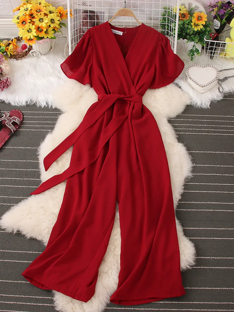 EWQ-monos coreanos con cuello en V para mujer, peto elegante con bolsillos y cordones, pantalones de pierna ancha, mono con cremallera en la espalda, nueva tendencia de verano, SN0190, 2023 - Image 3