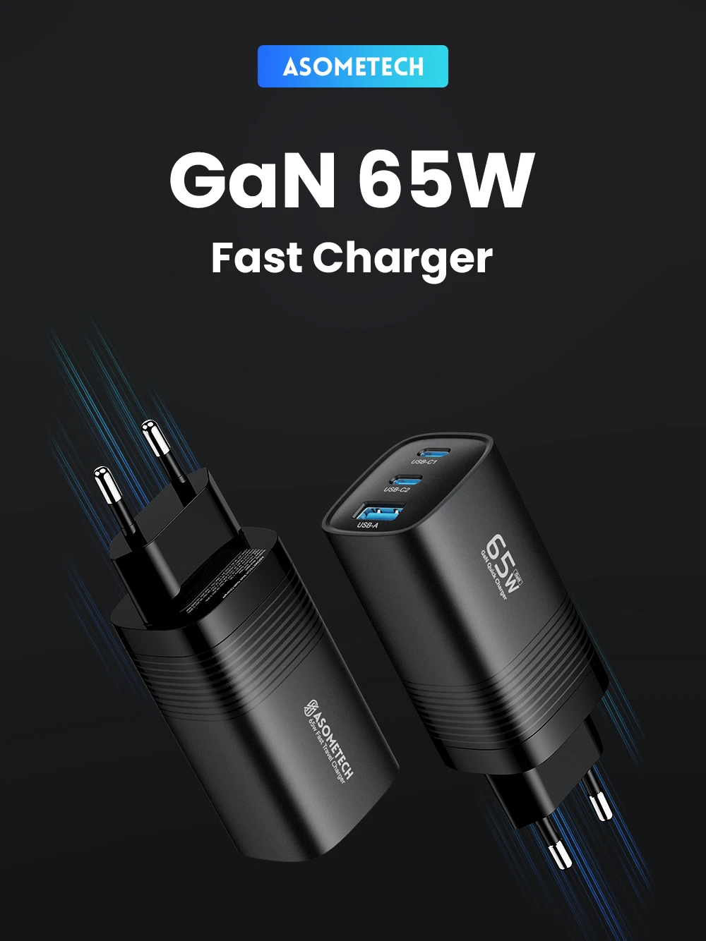 Asome tech gan usb typ c ladegerät 65w 45w pps pd qc 4,0 schnell ladegerät für macbook laptop ipad tablet iphone 14 samsung s23 ultra – Detail 1