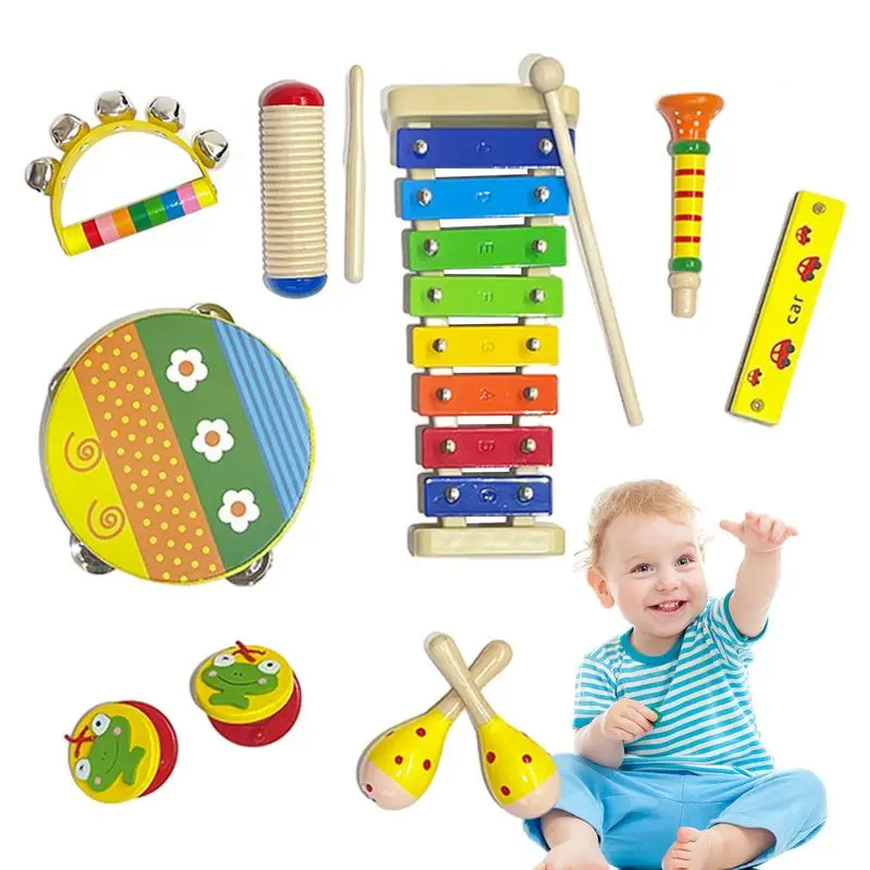 

Wooden Musical Instruments for Children Montessori Educational Toy Tambourine Rattle Musical Instrument Set with Storage Bag