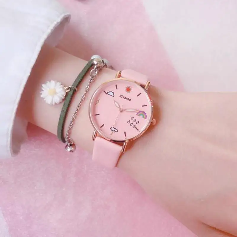 

Fashion Round Quartz Cartoon pattern Dial Casual Wrist Watch Leather Strap Fashionable Clock for Waterproof Wristwatch for Girl