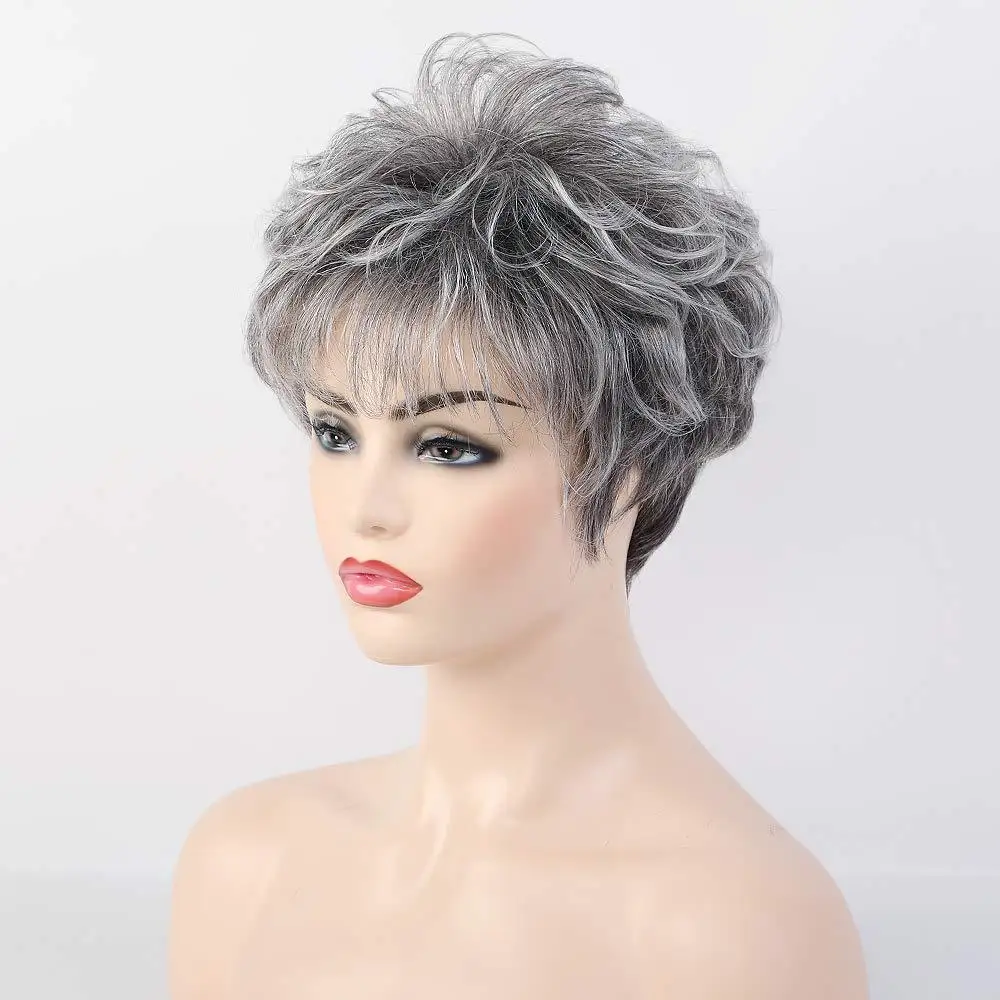 Perruque Synthétique Grise Femme - Courte, Lisse Avec Frange, 25 Cm, Neuf Sans étiquettes