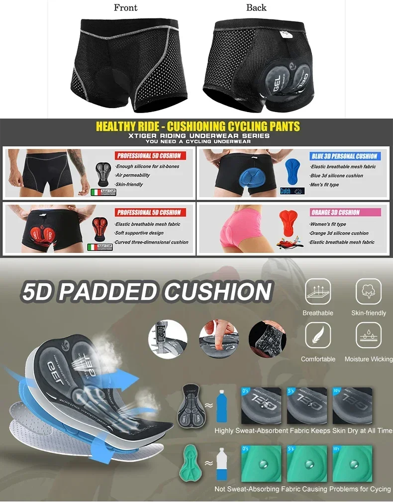 X-TIGER Fahrradshorts mit 5D-Gel-Pads, atmungsaktive Mesh-Radunterwäsche, stoßfeste MTB-Boxer-Bike-Shorts – Detail 3