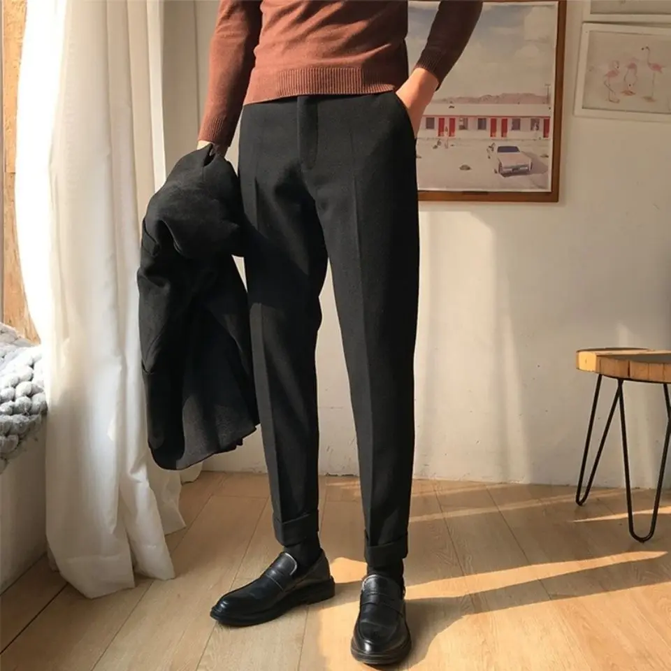 

2022 Autumn Winter Men New Woolen Business Dress Pants Men High Waist Streetwear Casual Trousers Male Formal Suit Pants C17