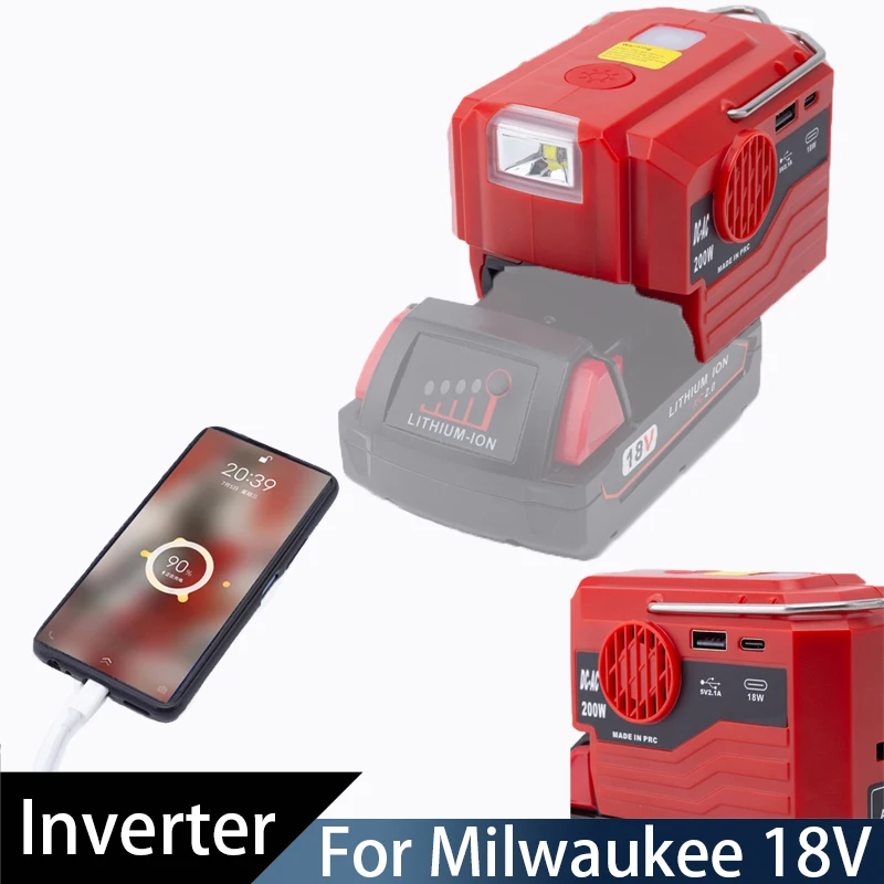 200W Battery Inverter For Milwaukee 18V Li-ion Battery Inverter with 280LM LED Light USB and Type-C Interface(Without Battrey)