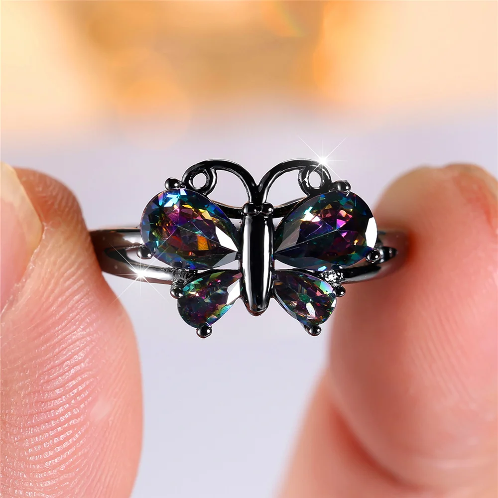 Trendy Cute Female Rainbow Zircon Stone Butterfly Ring Vintage Fashion Black Gold Color Wedding Jewelry For Women