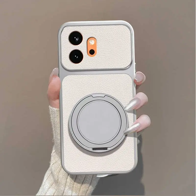 Premium Lychee Texture Leather Case with Ring Stand Holder and Camera Lens Protection
